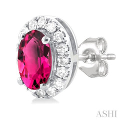 5x3 MM Oval Shape Pink Tourmaline and 1/8 Ctw Single Cut Diamond Halo Semi-Precious Stud Earrings in 10K White Gold