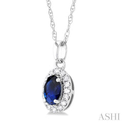 5x3 MM Oval Shape Sapphire and 1/20 Ctw Round Cut Diamond Halo Precious Pendant with Chain in 10K White Gold