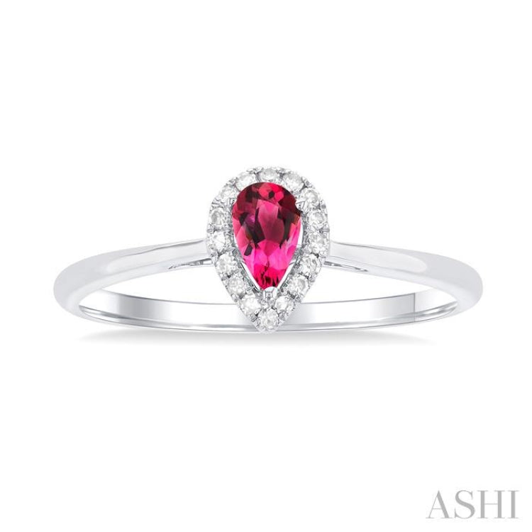 5x3 MM Pear Shape Pink Tourmaline and 1/20 Ctw Round Cut Diamond Halo Semi-Precious Ring in 10K White Gold