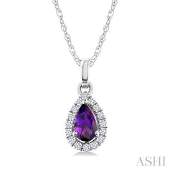 5x3 MM Pear Shape Amethyst and 1/20 Ctw Round Cut Diamond Halo Semi-Precious Pendant with Chain in 10K White Gold