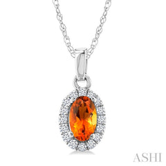 5x3 MM Oval Shape Citrine and 1/20 Ctw Round Cut Diamond Halo Semi-Precious Pendant with Chain in 14K White Gold