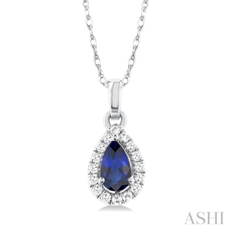 5x3 MM Pear Shape Sapphire and 1/20 Ctw Single Cut Diamond Halo Precious Pendant with Chain in 10K White Gold