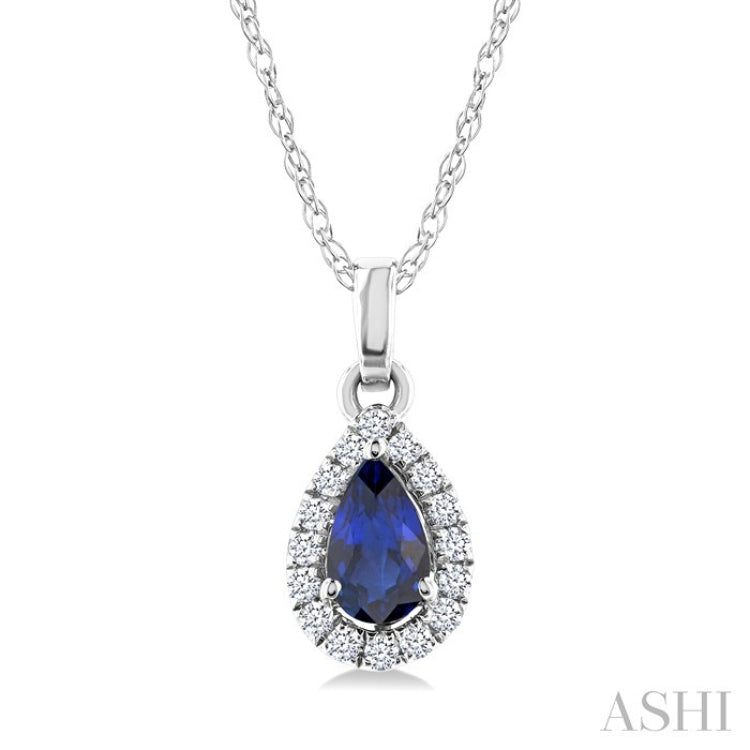 5x3 MM Pear Shape Sapphire and 1/20 Ctw Round Cut Diamond Halo Precious Pendant with Chain in 10K White Gold