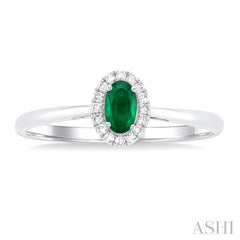 5x3 MM Oval Shape Emerald and 1/20 Ctw Round Cut Diamond Halo Precious Ring in 10K White Gold