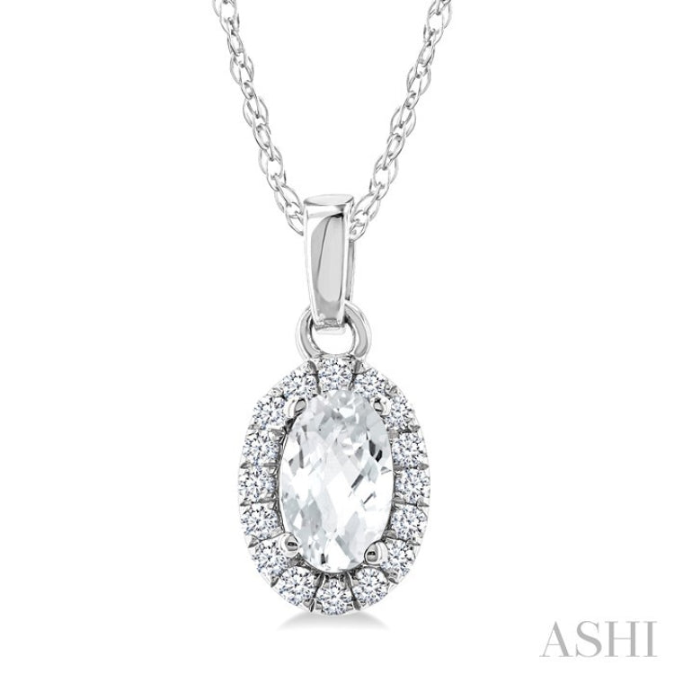 5x3 MM Oval Shape White Topaz and 1/20 Ctw Round Cut Diamond Halo Semi-Precious Pendant with Chain in 14K White Gold