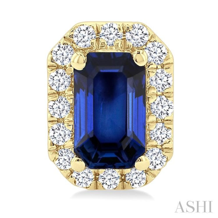 5x3 MM Octagonal Shape Sapphire and 1/8 Ctw Round Cut Diamond Halo Precious Stud Earrings in 14K Yellow Gold