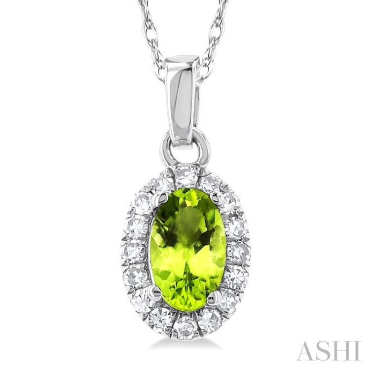 5x3 MM Oval Shape Peridot and 1/20 Ctw Single Cut Diamond Halo Semi-Precious Pendant with Chain in 10K White Gold
