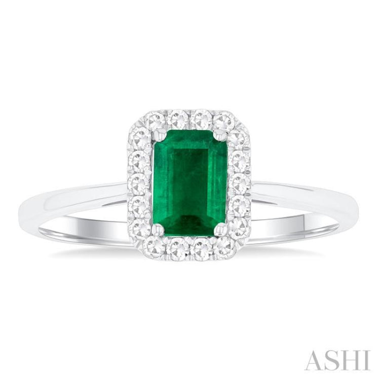 6x4 MM Octagonal Shape Emerald and 1/6 Ctw Round Cut Diamond Halo Precious Ring in 10K White Gold