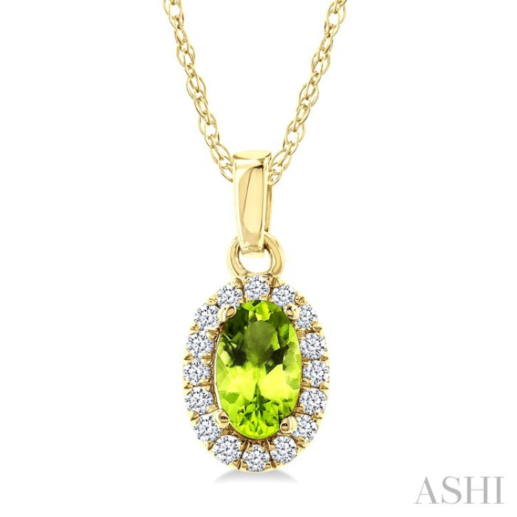 5x3 MM Oval Shape Peridot and 1/20 Ctw Round Cut Diamond Halo Semi-Precious Pendant with Chain in 10K Yellow Gold