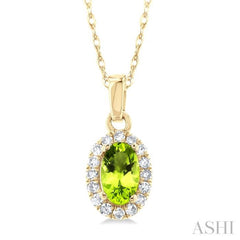 5x3 MM Oval Shape Peridot and 1/20 Ctw Round Cut Diamond Halo Semi-Precious Pendant with Chain in 10K Yellow Gold