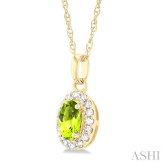 5x3 MM Oval Shape Peridot and 1/20 Ctw Round Cut Diamond Halo Semi-Precious Pendant with Chain in 10K Yellow Gold