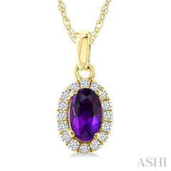 5x3 MM Oval Shape Amethyst and 1/20 Ctw Round Cut Diamond Halo Semi-Precious Pendant with Chain in 10K Yellow Gold