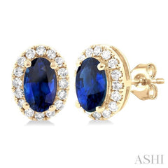 5x3 MM Oval Shape Sapphire and 1/8 Ctw Single Cut Diamond Halo Precious Stud Earrings in 10K Yellow Gold