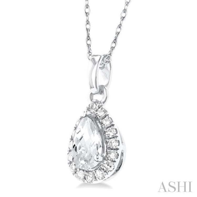 5x3 MM Pear Shape White Topaz and 1/20 Ctw Single Cut Diamond Halo Semi-Precious Pendant with Chain in 10K White Gold