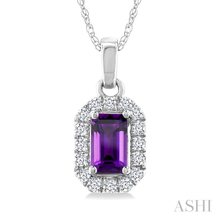 5x3 MM Octagonal Shape Amethyst and 1/20 Ctw Round Cut Diamond Halo Semi-Precious Pendant with Chain in 10K White Gold