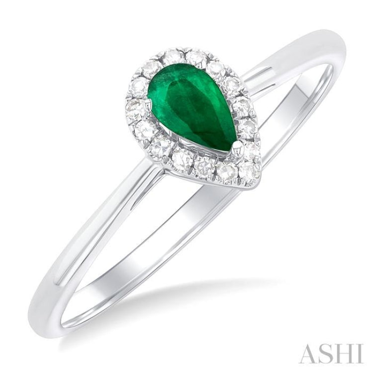 5x3 MM Pear Shape Emerald and 1/20 Ctw Round Cut Diamond Halo Precious Ring in 10K White Gold