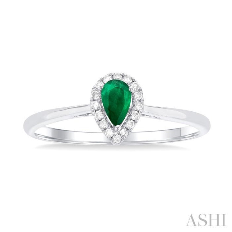 5x3 MM Pear Shape Emerald and 1/20 Ctw Round Cut Diamond Halo Precious Ring in 10K White Gold