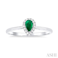 5x3 MM Pear Shape Emerald and 1/20 Ctw Round Cut Diamond Halo Precious Ring in 10K White Gold