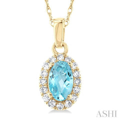 5x3 MM Oval Shape Aquamarine and 1/20 Ctw Round Cut Diamond Halo Semi-Precious Pendant with Chain in 10K Yellow Gold