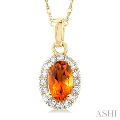 5x3 MM Oval Shape Citrine and 1/20 Ctw Round Cut Diamond Halo Semi-Precious Pendant with Chain in 10K Yellow Gold