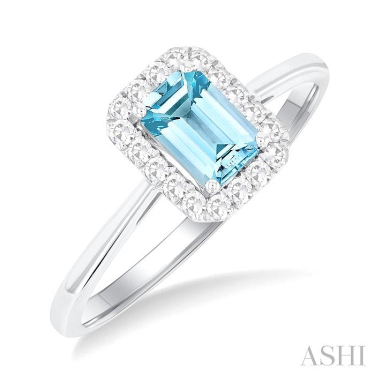 6x4 MM Octagonal Shape Aquamarine and 1/6 Ctw Round Cut Diamond Halo Semi-Precious Ring in 10K White Gold