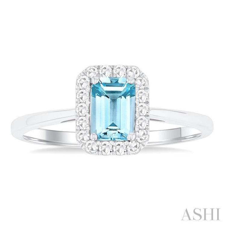 6x4 MM Octagonal Shape Aquamarine and 1/6 Ctw Round Cut Diamond Halo Semi-Precious Ring in 10K White Gold