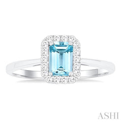 6x4 MM Octagonal Shape Aquamarine and 1/6 Ctw Round Cut Diamond Halo Semi-Precious Ring in 10K White Gold