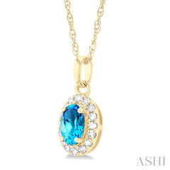 5x3 MM Oval Shape Blue Topaz and 1/20 Ctw Round Cut Diamond Halo Semi-Precious Pendant with Chain in 10K Yellow Gold