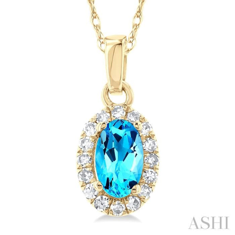5x3 MM Oval Shape Blue Topaz and 1/20 Ctw Round Cut Diamond Halo Semi-Precious Pendant with Chain in 10K Yellow Gold