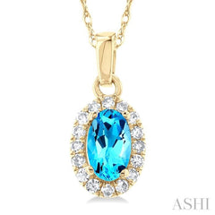 5x3 MM Oval Shape Blue Topaz and 1/20 Ctw Round Cut Diamond Halo Semi-Precious Pendant with Chain in 10K Yellow Gold