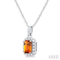5x3 MM Octagonal Shape Citrine and 1/20 Ctw Round Cut Diamond Halo Semi-Precious Pendant with Chain in 10K White Gold