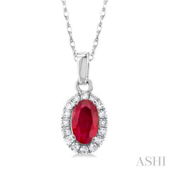 5x3 MM Oval Shape Ruby and 1/20 Ctw Single Cut Diamond Halo Precious Pendant with Chain in 10K White Gold