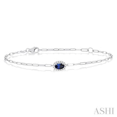 5x3 MM Oval Cut Sapphire and 1/20 Ctw Single Cut Diamond Halo Precious Paperclip Bracelet in 10K White Gold