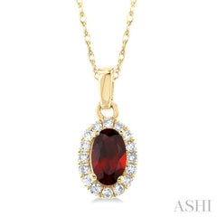 5x3 MM Oval Shape Garnet and 1/20 Ctw Round Cut Diamond Halo Semi-Precious Pendant with Chain in 10K Yellow Gold