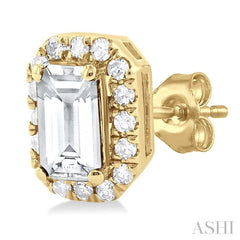 5x3 MM Octagonal Shape White Topaz and 1/8 Ctw Single Cut Diamond Halo Semi-Precious Stud Earrings in 10K Yellow Gold