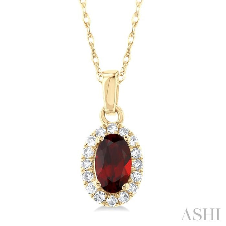 5x3 MM Oval Shape Garnet and 1/20 Ctw Round Cut Diamond Halo Semi-Precious Pendant with Chain in 14K Yellow Gold