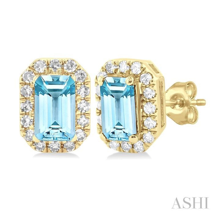 5x3 MM Octagonal Shape Aquamarine and 1/8 Ctw Round Cut Diamond Halo Semi-Precious Stud Earrings in 10K Yellow Gold