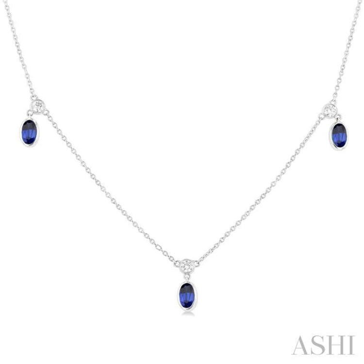5x3 MM Oval Shape Sapphire and 1/4 Ctw Round Cut Diamonds Precious Station Necklace in 14K White Gold