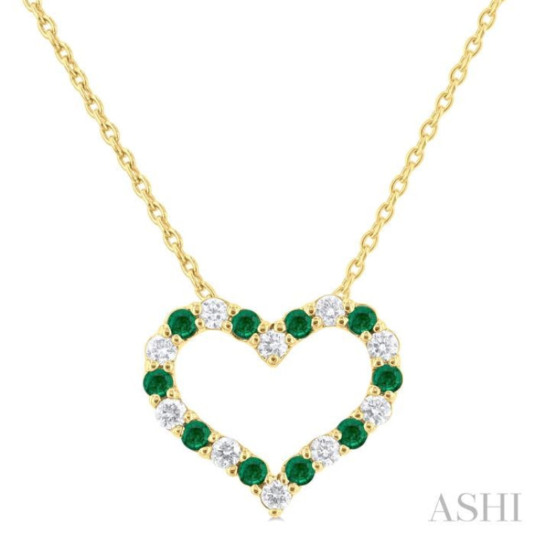 1.4 MM Round Cut Emerald and 1/8 Ctw Open Heart Round Cut Diamond Precious Fashion Pendant With Chain in 14K Yellow Gold