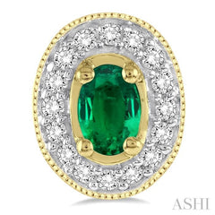 5x3 MM Oval Cut Emerald and 1/4 Ctw Round Cut Diamond Earrings in 14K Yellow Gold