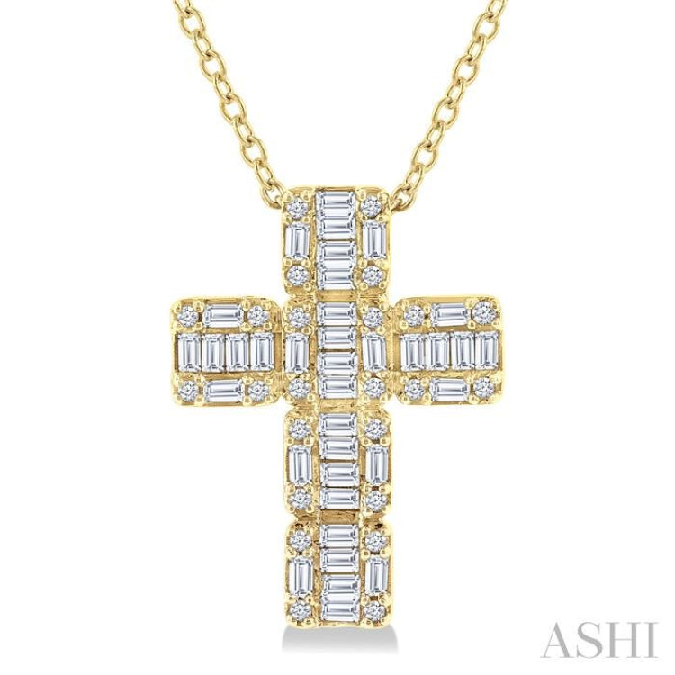 1/2 Ctw Fusion Baguette and Round Cut Diamond Cross Fashion Pendant With Chain in 14K Yellow Gold