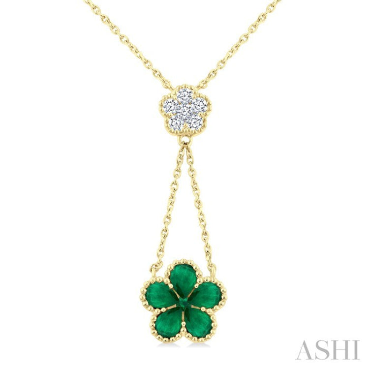 4x3 MM Pear Cut & 1.8 MM Round Emerald and 1/5 Ctw Round Cut Diamond Floral Blossom Precious Necklace in 14K Yellow Gold