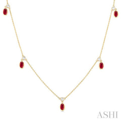 5x3 MM Oval Shape Ruby and 1/4 Ctw Round Cut Diamonds Precious Station Necklace in 14K Yellow Gold