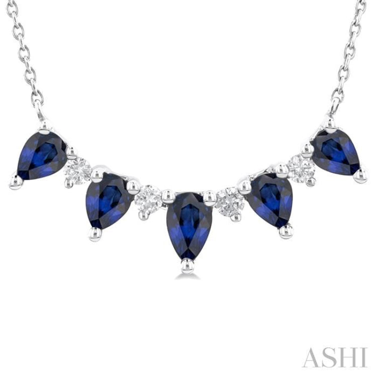 5x3 MM & 4x3 MM Pear Cut Sapphire and 1/8 Ctw Round Cut Diamond Precious Necklace in 14K White Gold