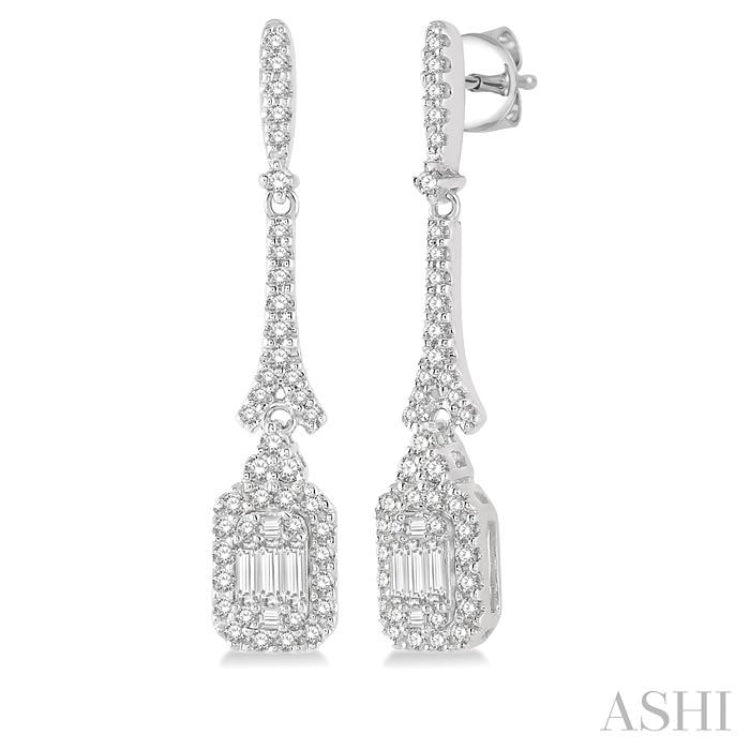 5/8 Ctw Long Baguette & Round Cut Diamond Earring in 14K White Gold
