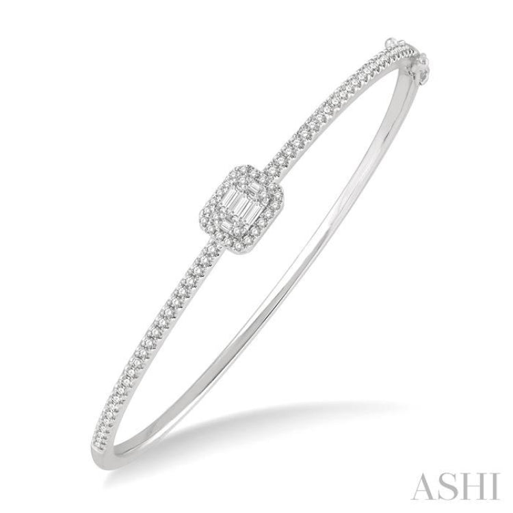 1 Ctw Emerald Shape Fusion Baguette and Round Cut Diamond Stackable Bangle in 14K White Gold