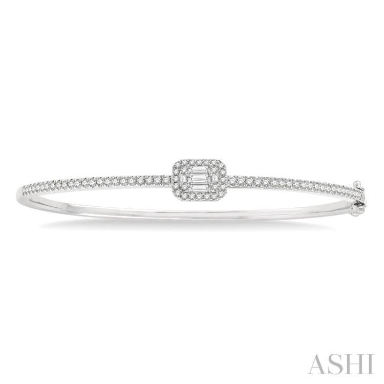 1 Ctw Emerald Shape Fusion Baguette and Round Cut Diamond Stackable Bangle in 14K White Gold