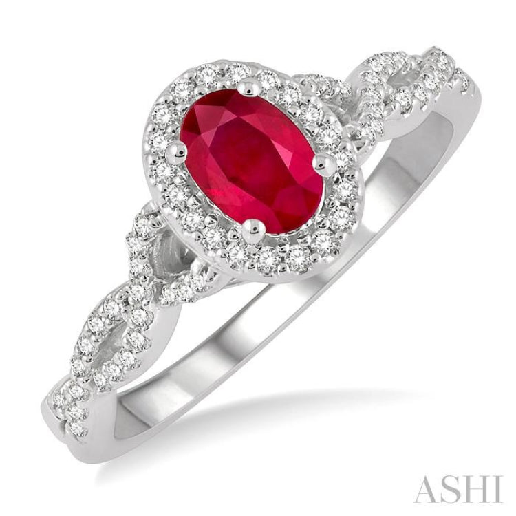 6x4 MM Oval Shape Center Stone Ruby and 1/5 Ctw Split Entwined Shank Round Cut Diamond Precious Ring in 10K White Gold