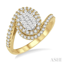 5/8 Ctw Oval Bypass Lovebright Round Cut Diamond Engagement Ring in 14K Yellow and White Gold