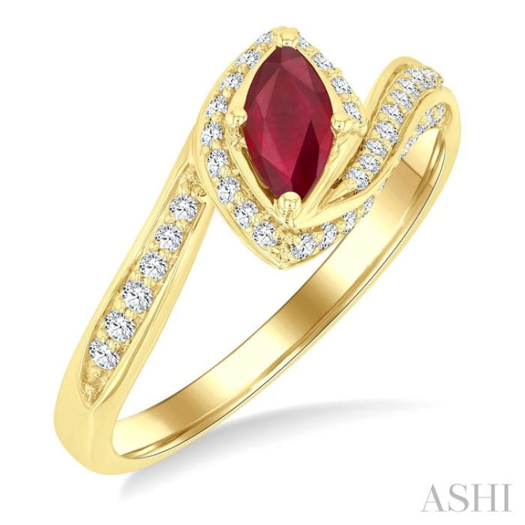 7X3.5 MM Ruby Marquise Cut and 1/4 Ctw Bypass Round Cut Diamond Precious Ring in 10K Yellow Gold